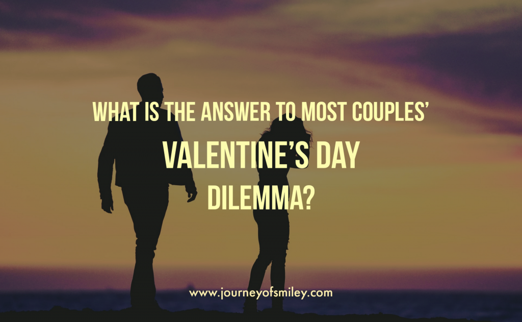 A couple with a dilemma with the title of Journeyofsmiley blog post What is the answer to couples' Valentine's Day dilemma on a yellow and purple background