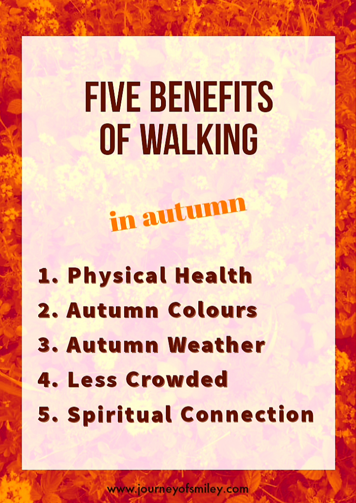 Orange background with the listed five benefits of walking in autumn on the Journeyofsmiley blog