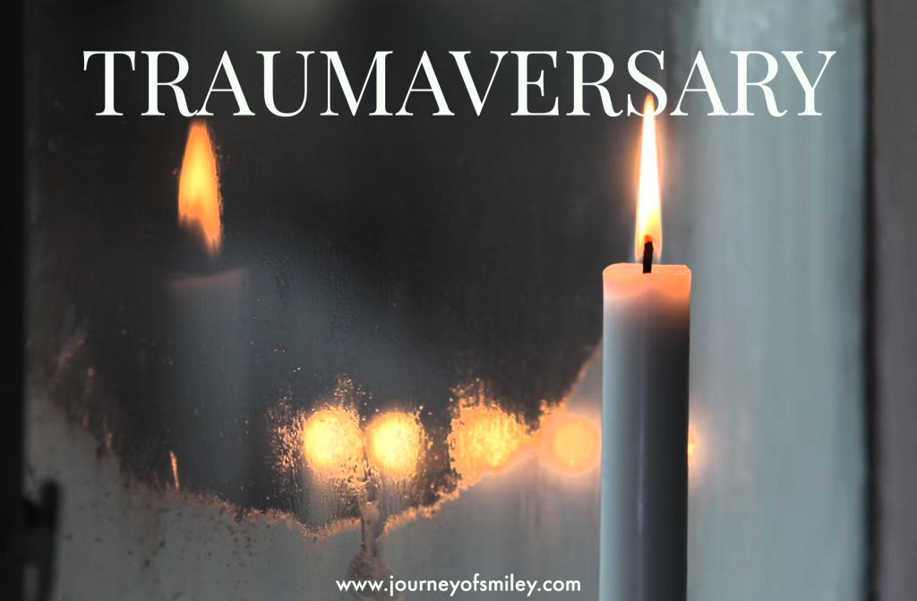 A picture of a candle mirroring in a mirror and title Traumaversary on Journeyofsmiley blog