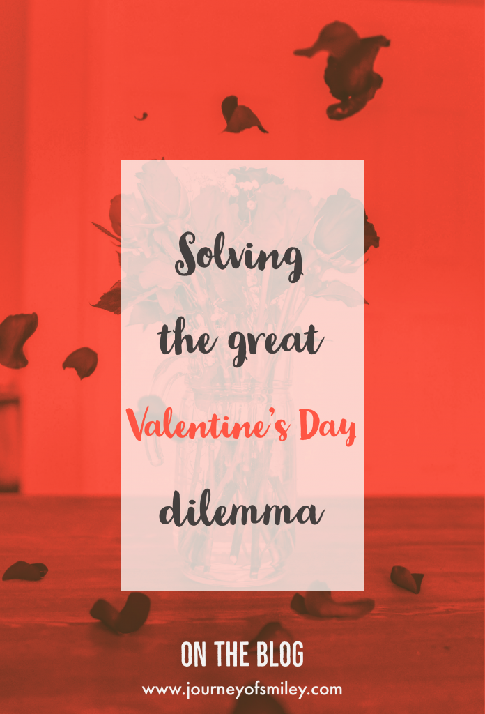 On a table a vase with red roses with petals flying around and over it written solving the great Valentine's Day dilemma, title of Journeyofsmiley blog post 