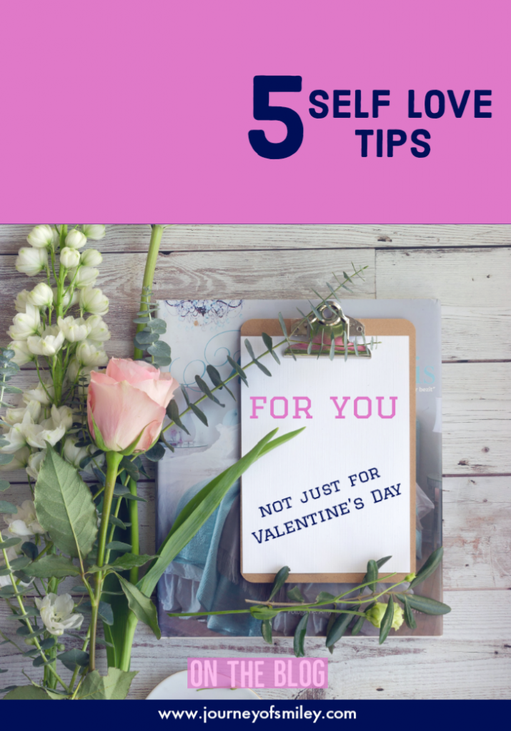 Five Self Love Tips on Journeyofsmiley blog, a rose with flowers and a paper notebook 