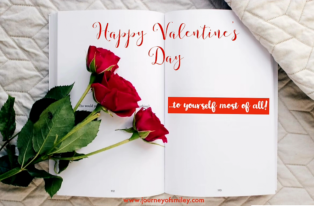 Happy Valentine's Day self love with a notebook and red roses on Journeyofsmiley blog