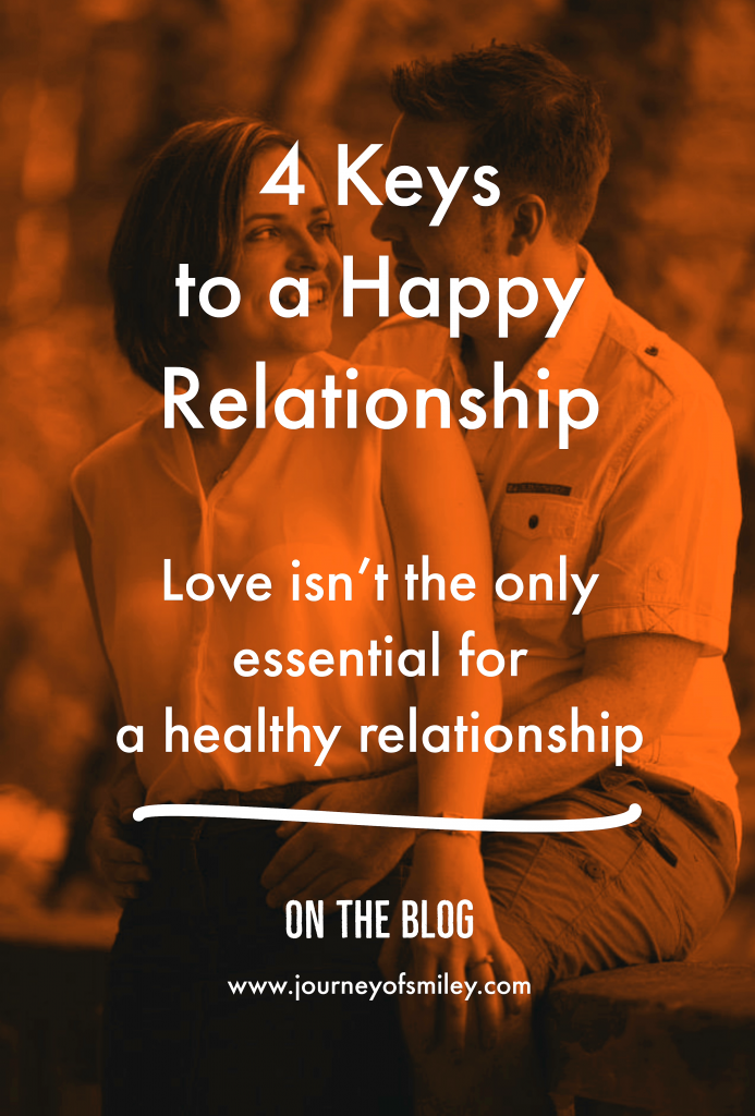 A couple in love, looking at each other and orange background with title 4 keys to a happy relationship on Journeyofsmiley blog