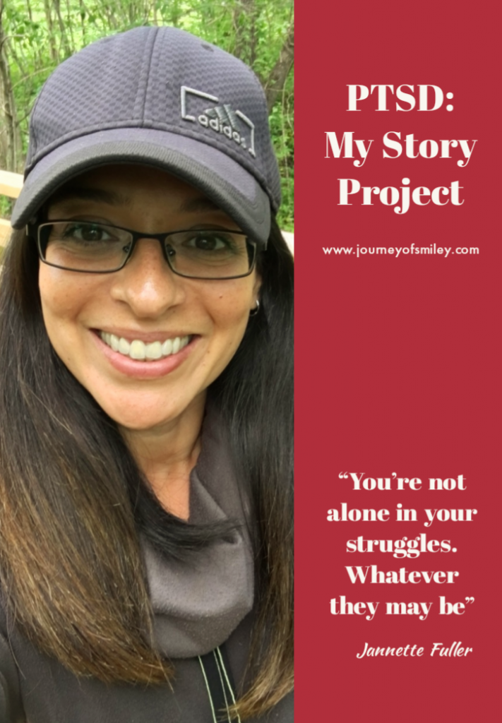 picture of a woman with classes and a cap on one half of the picture and on another 'You are not alone', PTSD: My Story Project on Journeyfosmiley Blog