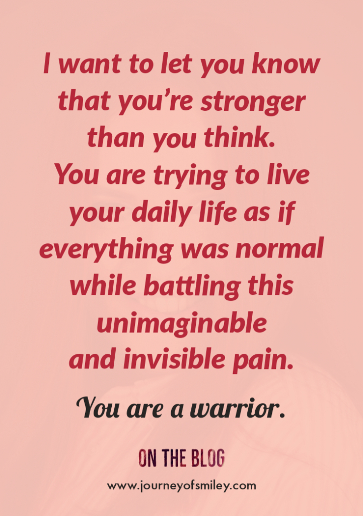A pink background with a red text on it written an inspirational quote for trauma survivors, you are a warrior, on Journeyofsmiley blog