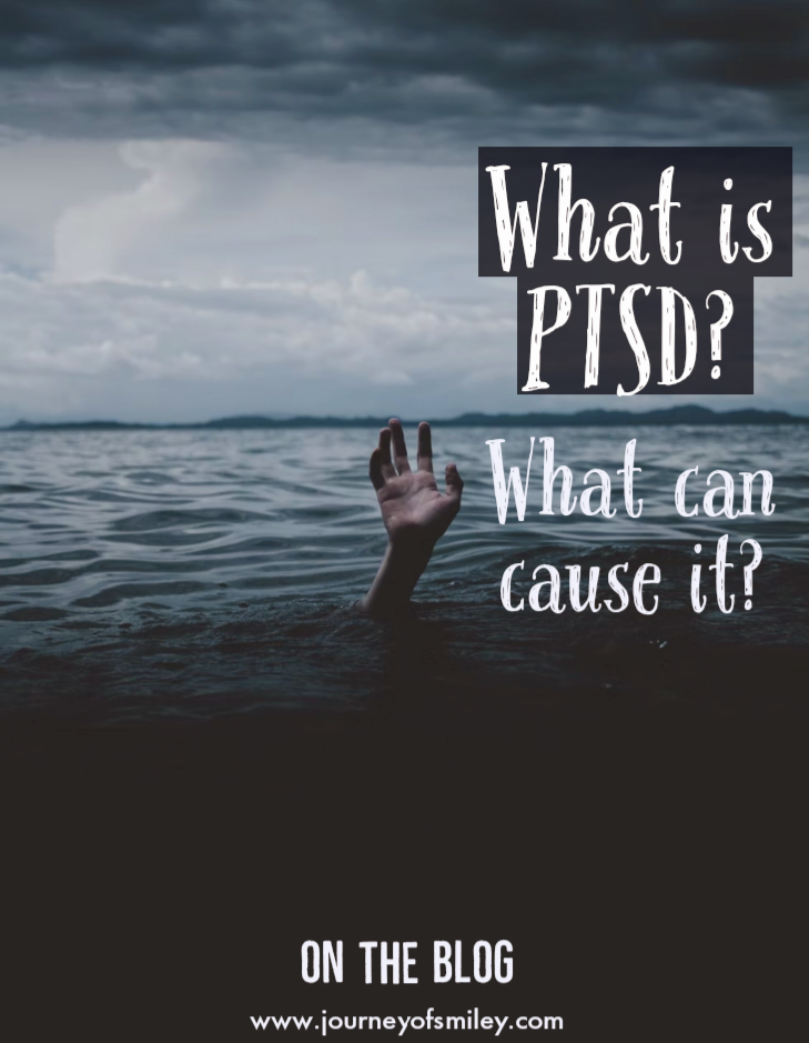 What is PTSD, What can cause it? A hand sinking in the sea, blue and grey background, on Journeyofsmiley Blog
