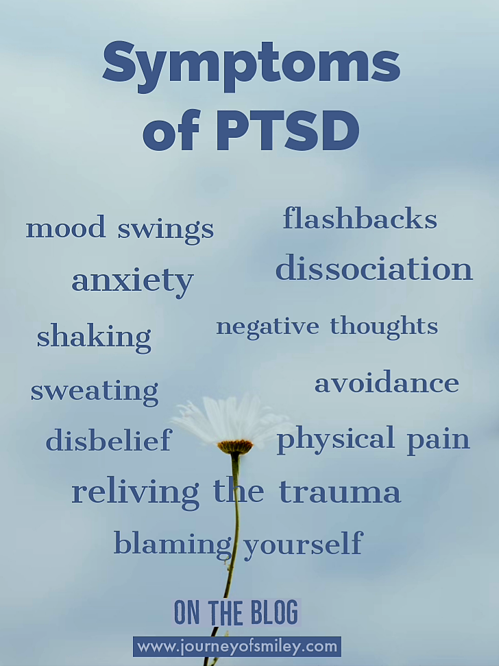 PTSD Symptoms on a grey background with one flower and around it different symptoms of PTSD, on Journeyofsmiley blog