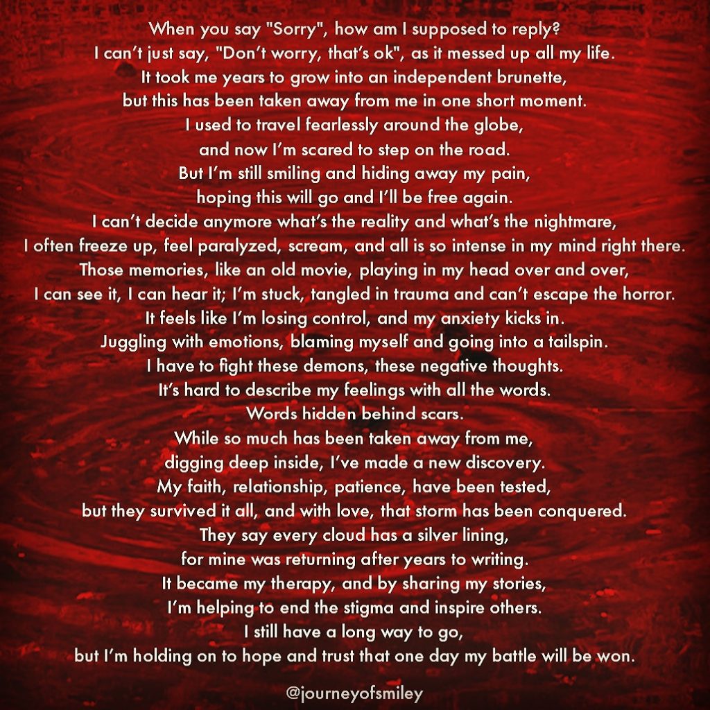 A red background and on it a PTSD trauma poem on Journeyofsmiley Blog  