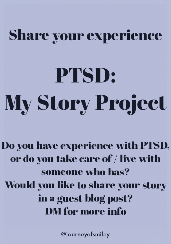 Lilac background with PTSD: My Story Project guidelines, share your story on Journeyofsmiley blog