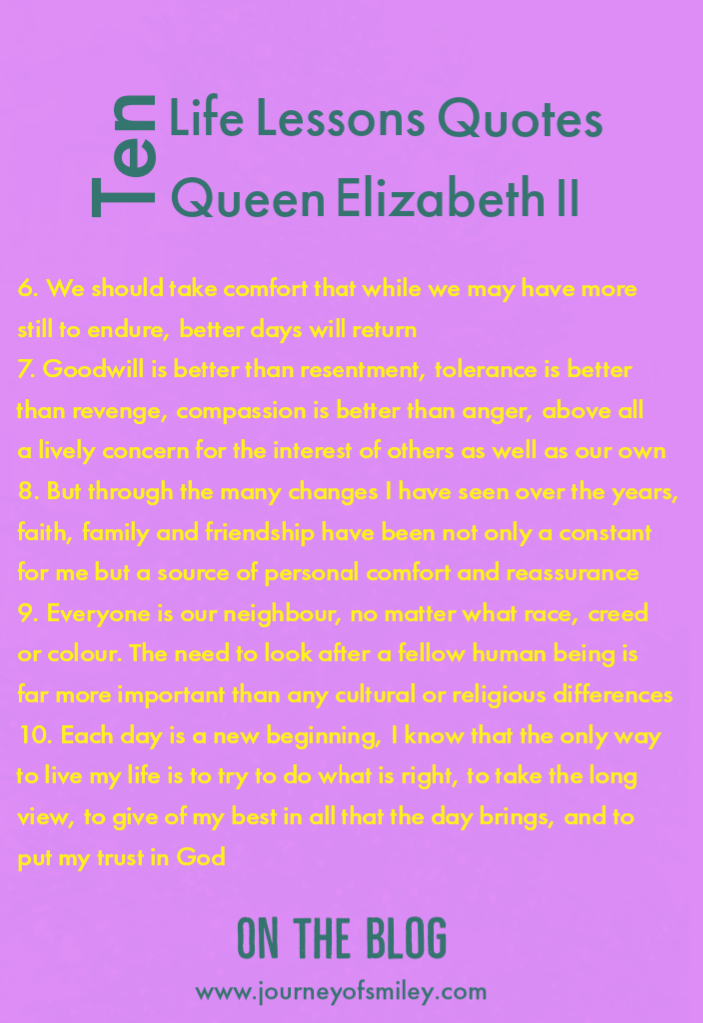 Purple colour background with title ten life lessons quotes Queen Elizabeth II on Journeyofsmiley blog