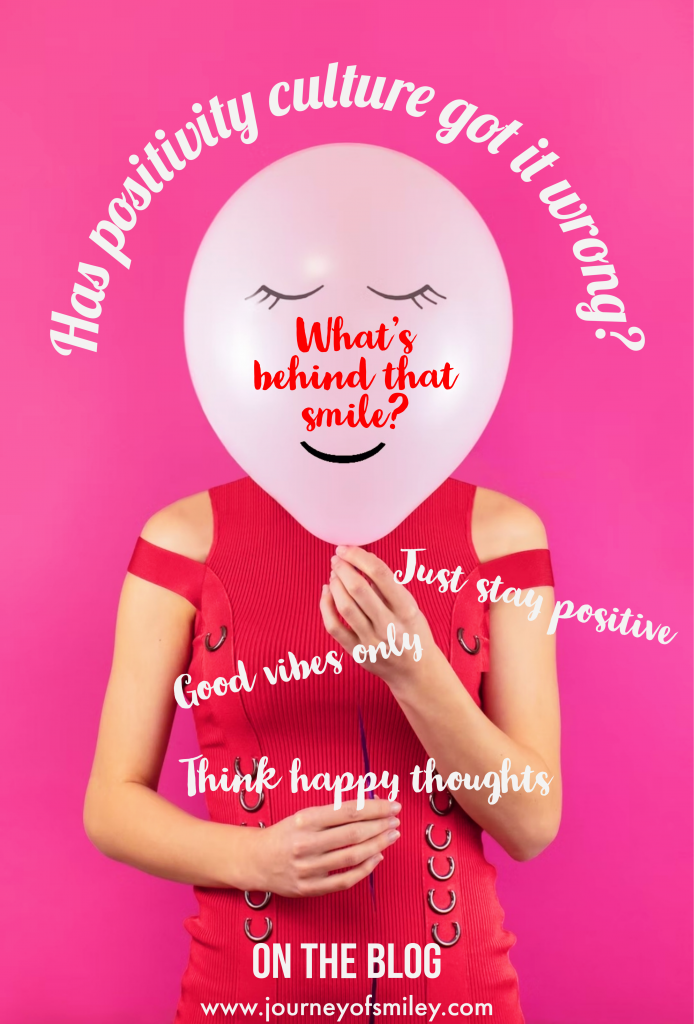 A person hiding her face with a balloon and a smiley face drawing on the balloon. On the balloon is written 'what's behind that smile?' and over the balloon is the title 'Has positivity culture got it wrong' on Journeyofsmiley blog