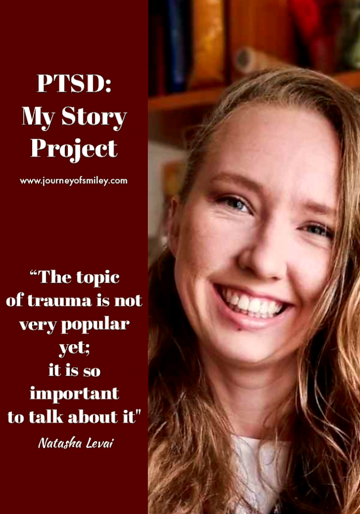 A photo of a lady's profile, a trauma survivor with a quote it's important to talk about trauma on PTSD: My Story Project on Journeyofsmiley blog