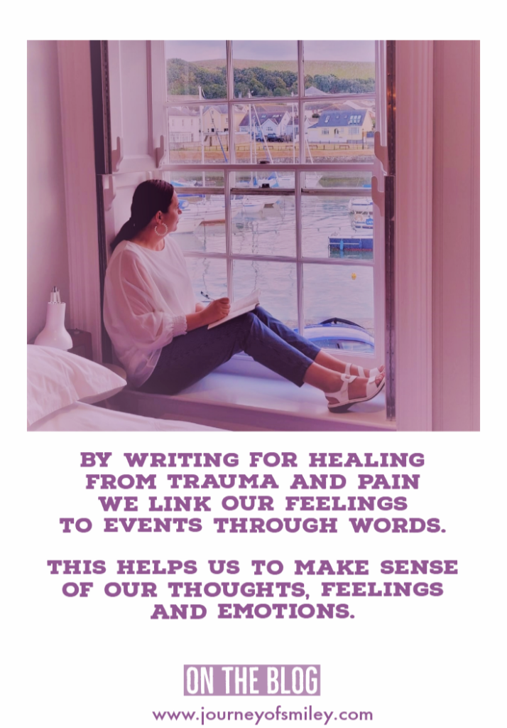Katy sitting on windowsill looking out of the window on the sea in the background with small boats on it. Katy is holding a pen and a notebook, writing. And on the bottom half is a quote about writing for healing from Katy Parker on Journeyofsmiley blog 