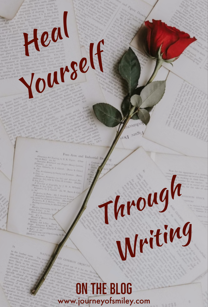 A red rose on a pile of letters on the title is Heal yourself through writing on Journeyofsmiley blog