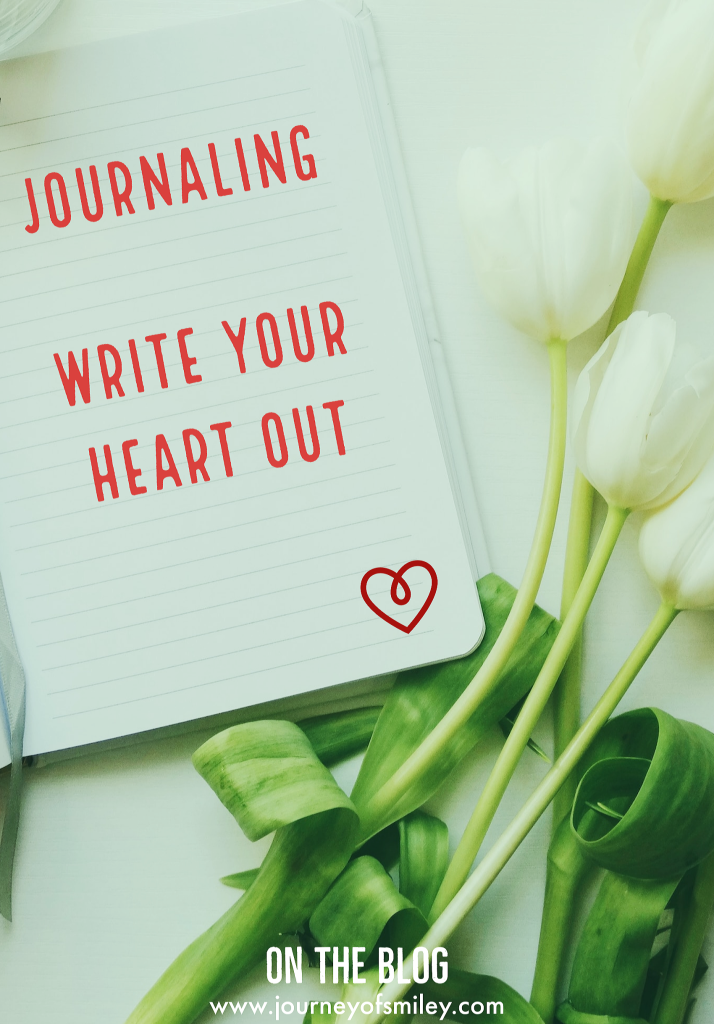On the right side of the image are tulips flowers on a table and next to them is an open notebook and on it is written Write your heart out title Journaling on the Journeyofsmiley blog