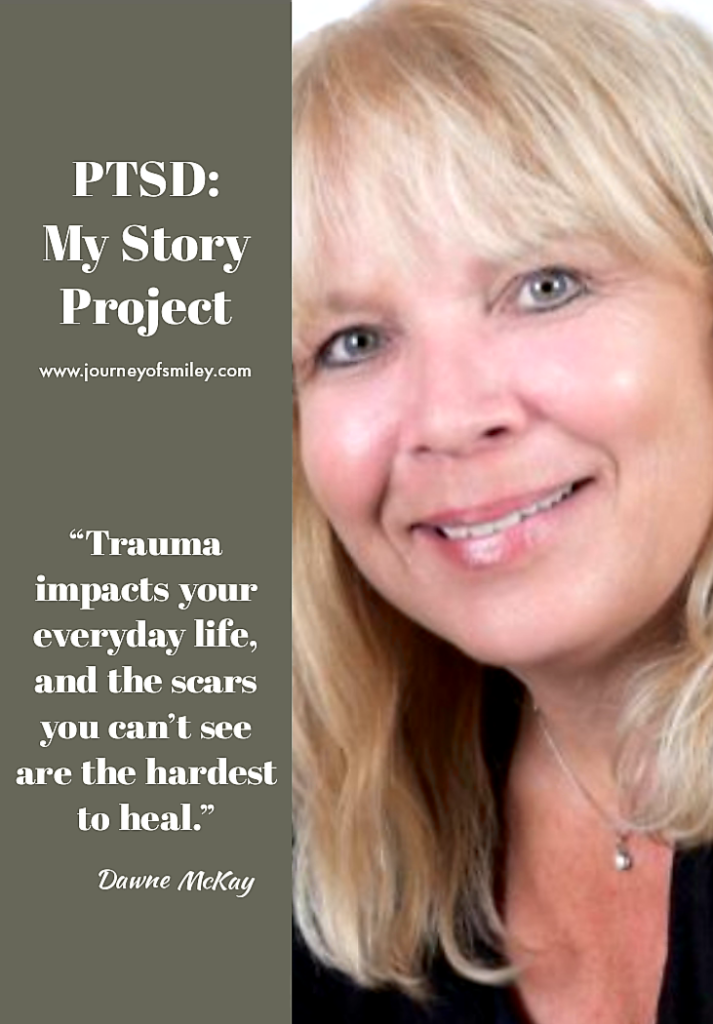 On the right side a portrait of a woman with blond hair and on the left side the title PTSD: My Story Project and a PTSD warrior inspirational quote about trauma on Journeyofsmiley blog