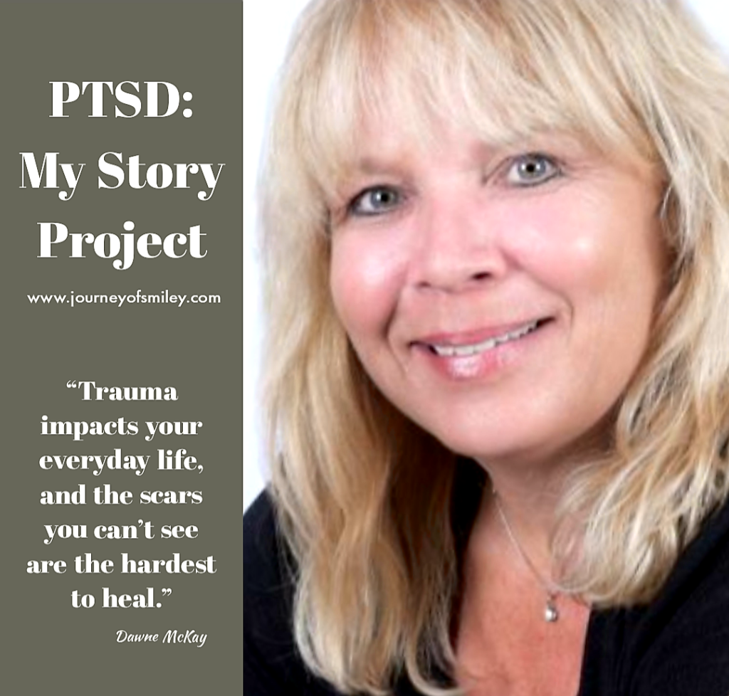 On right side a portrait of a woman with blond hair and on the left side the title PTSD: My Story Project and a PTSD warrior inspirational quote on Journeyofsmiley blog