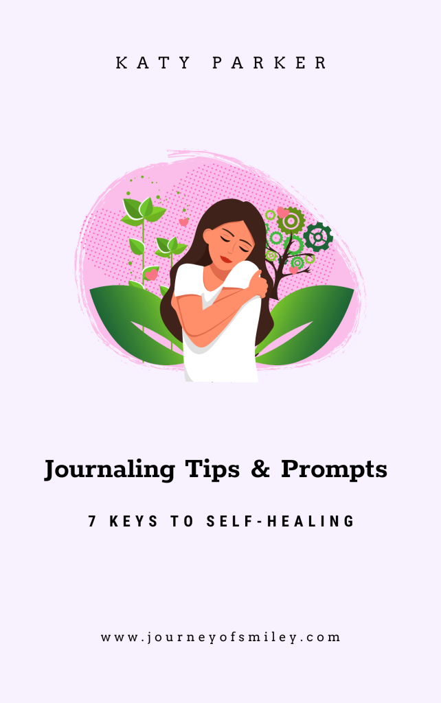 Guide's cover light purple colour with a lady giving herself a hug on the front and the title is Journaling Tips & Prompts by Katy Parker on Journeyofsmiley blog