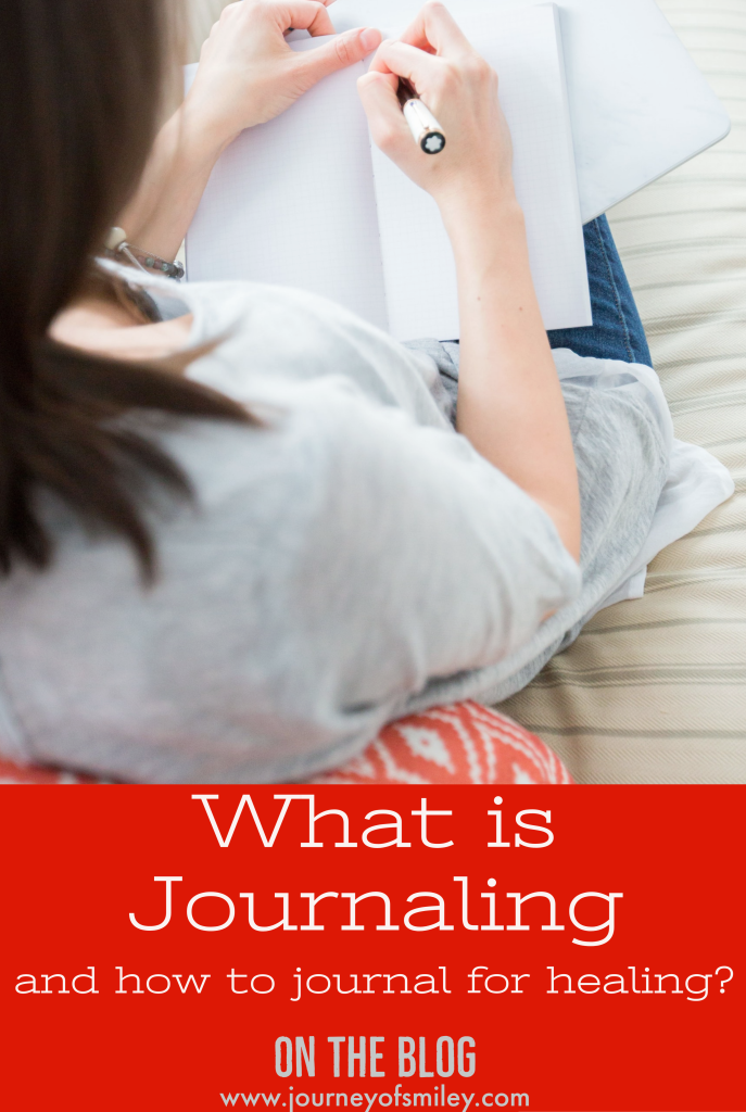 A woman sitting on a sofa with a pen and a notebook in her hands, she is writing and the title is What is Journaling and how to journal for healing on the Journeyofsmiley blog