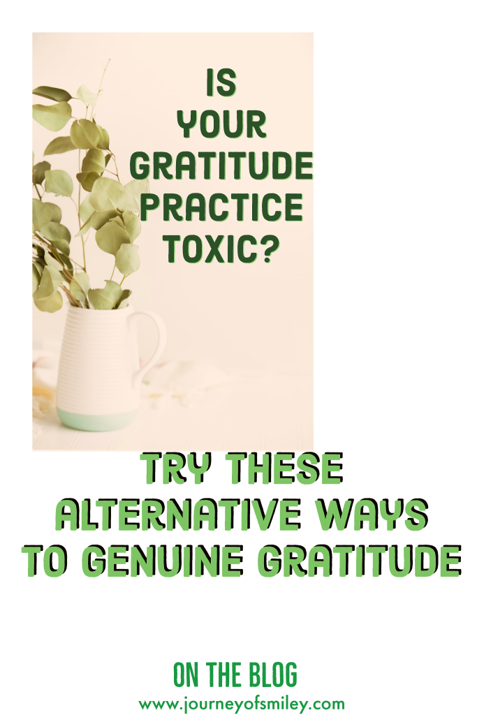 In the left corner is a photo of a jug with green leaves on brunches in it and on the right from the jug is the title Is your gratitude practice toxic? And below it is the title Try these alternative ways to genuine gratitude on the Journeyofsmiley blog