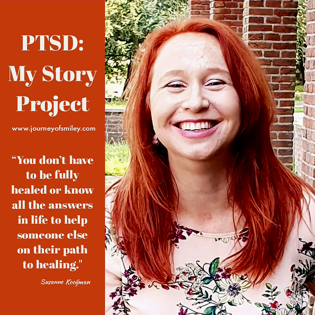 Portrait of a woman with ginger hair on the right side and on the life side an inspirational quote on the PTSD: My Story Project on Journeyofsmiley