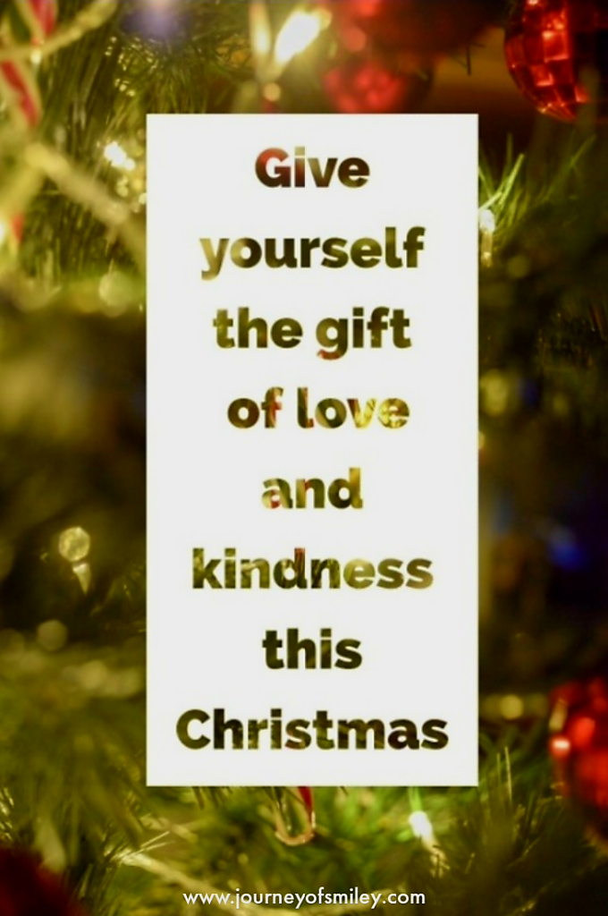 Christmas tree brunch with lights and in the middle is the title Give yourself the gift of love and kindness this Christmas