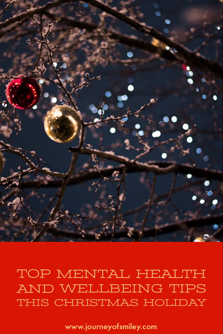 Tree brunches with small Christmas lights and Christmas balls and below is the title Top Mental Health and Wellbeing Tips This Christmas Holiday