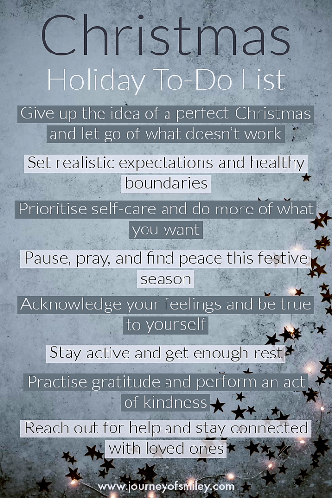 Grey background with light and shiny little stars and on the top is the title Christmas Holiday To-Do List and listed tips for mental health and wellbeing for Christmas holidays