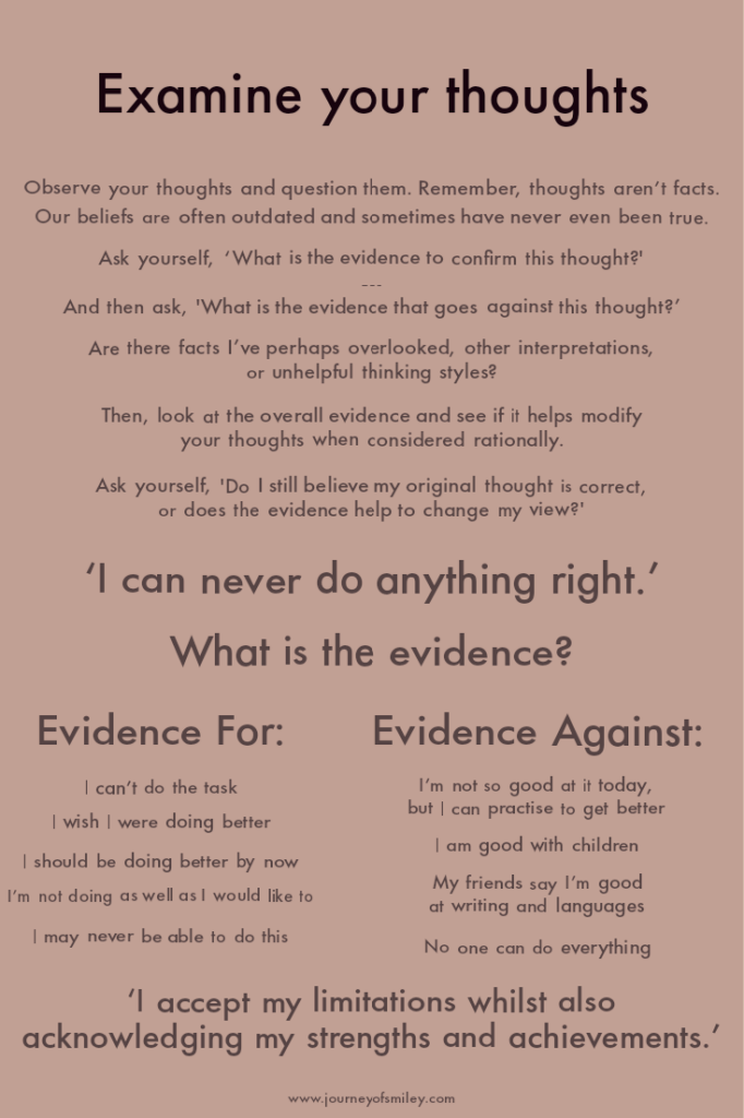 Light brown background with the title Examine your thoughts and below are steps how to examine and change our negative thoughts and create a positive ones on the Journeyofsmiley blog