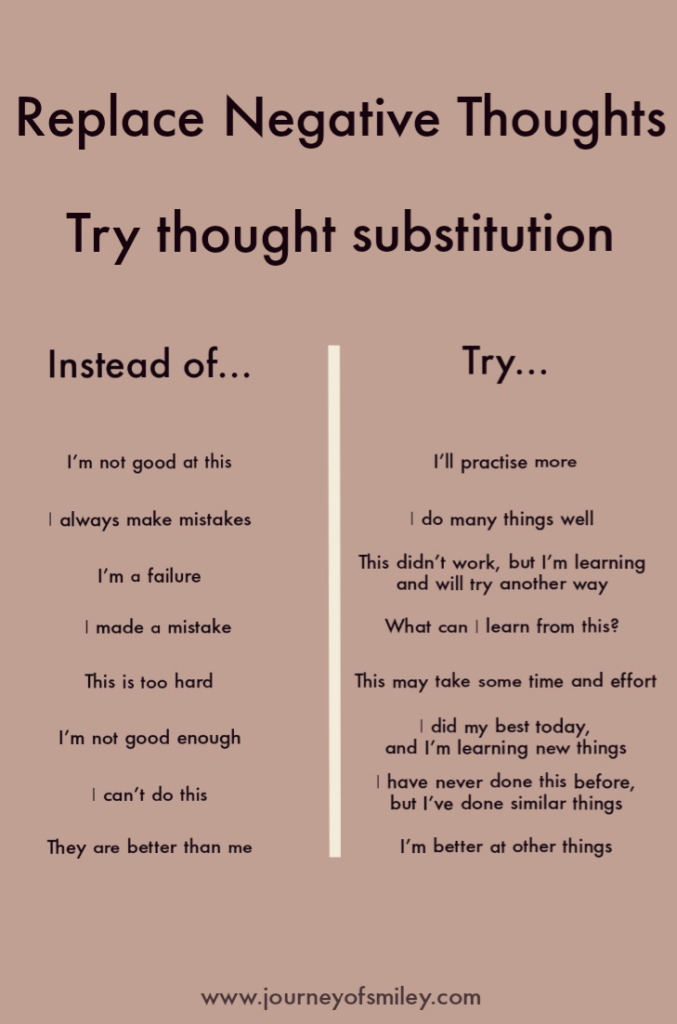 Light brown background with the title Replace Negative Thoughts and the way how to substitute negative thoughts with positive ones on the Journeyofsmiley blog