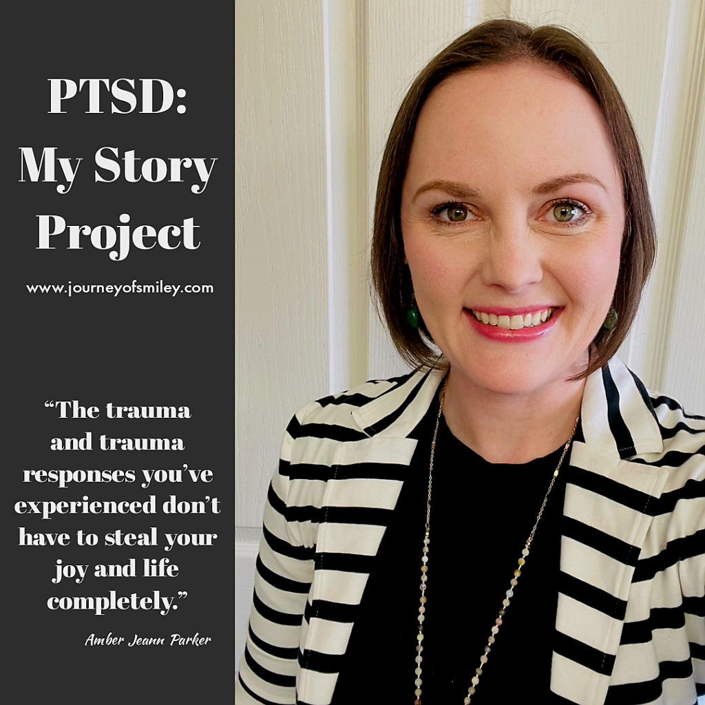 A profile photo of a woman in a stripy blazer and short brown hair, and on the left side is an inspirational quote from her, a trauma survivor and trauma caregiver, on the PTSD: My Story Project on the Journeyofsiley blog