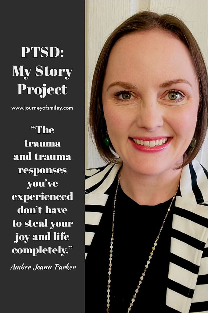 A profile photo of a woman in a stripy blazer and short brown hair, and on the left side is an inspirational quote from her, a trauma survivor and trauma caregiver, on the PTSD: My Story Project on the Journeyofsiley blog