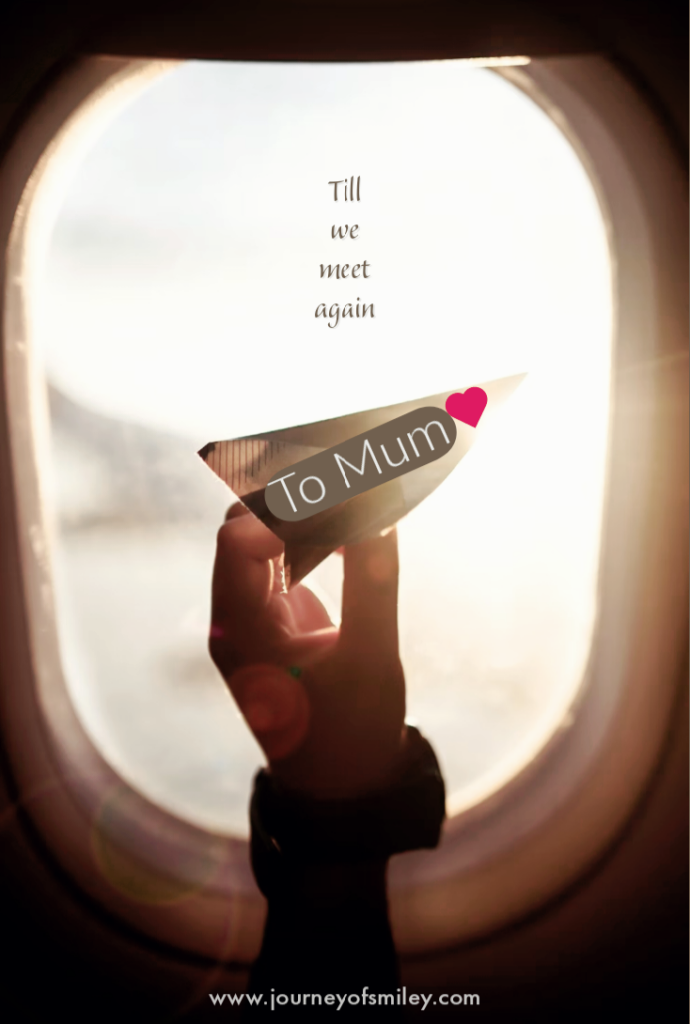 A window of a plane and in the window is written Till we meet again, on a hand holding a plane made of paper and on it is written To mum and a heart on Journeyofsmiley blog