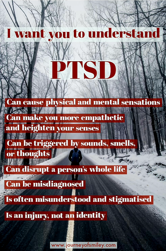 A person walking on a road, trees from both sides and the title is What to know about PTSD and the list of things to know about PTSD on Journeyofsmiley blog