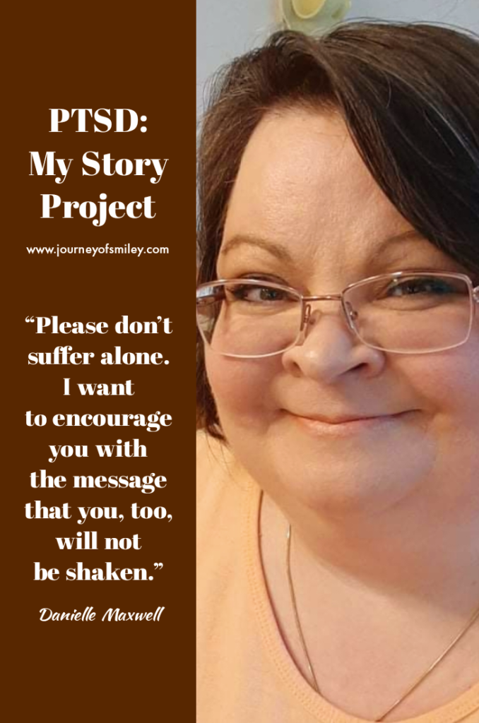 A profile photo of a woman with brown hair and glasses, and on the left side is an inspirational quote by her, a trauma survivor, on the PTSD: My Story Project on the Journeyofsiley blog