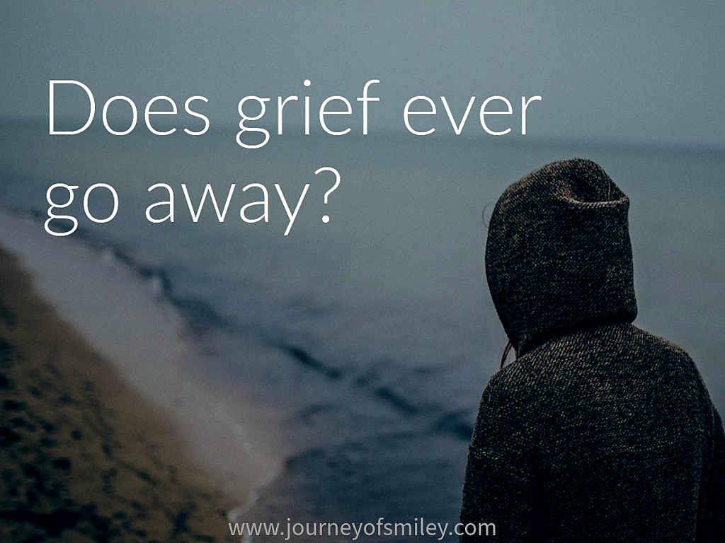 A person walking on the beach looking forward, with her head back and wearing a hoodie. The title is Does grief ever go away on Journeyofsmiley.com
