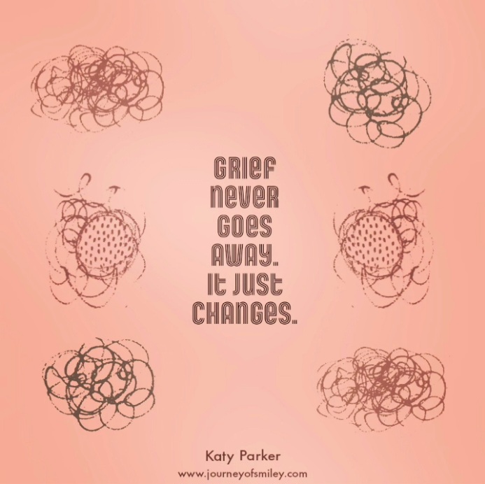 Pink background with an graphic explaining grief and how it never goes away, but changes by Katy Parker on Journeyofsmiley blog