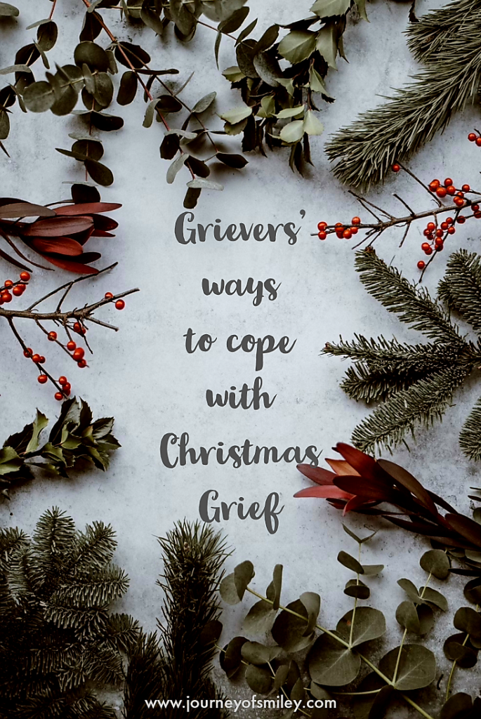 Christmas tree brunches and holly tree brunches decorations around and in the middle is the title 'Grievers' ways to cope with Christmas grief' on Journeyofsmiley.com