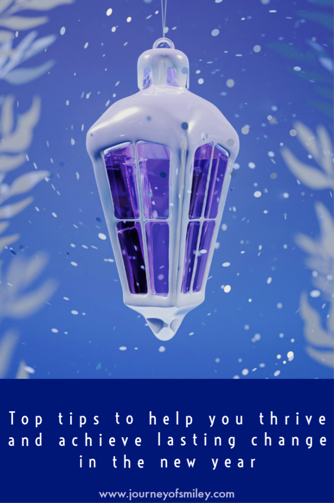 Blue frosty background with a lantern light in the middle, frosty wintery image and below is the title Top tips for the new year for your health on Journeyofsmiley blog