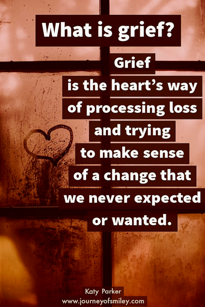 A brown window with a heart on left and on the right is a quote about what is grief by Katy Parker on Journeyofsmiley