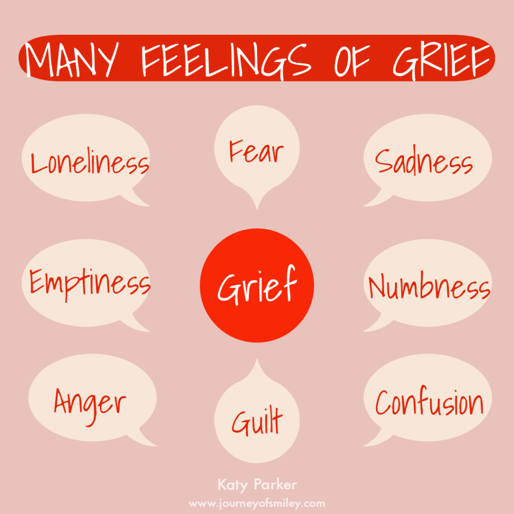 Pink background with the title Many Feelings of Grief and listed feelings in bubbles with a red bubble with the sign Grief on it in the middle. A graphic created by Katy Parker on Journeyofsmiley blog