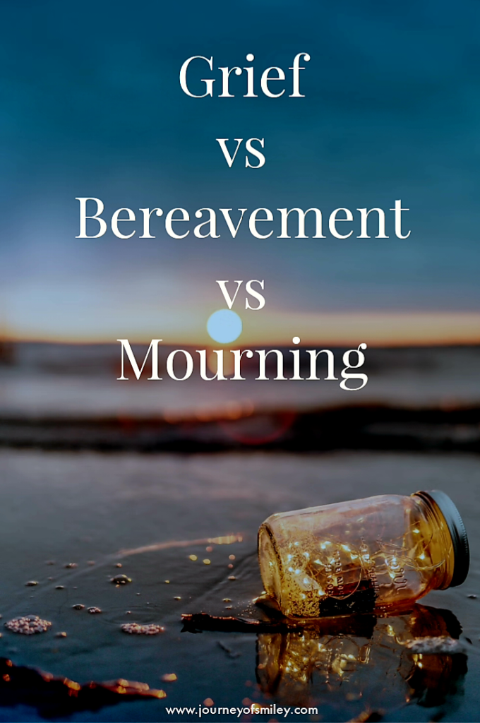 A jar with lights on a beach, sunset and the title is Grief vs Bereavement vs Mourning on Journeyofsmiley blog