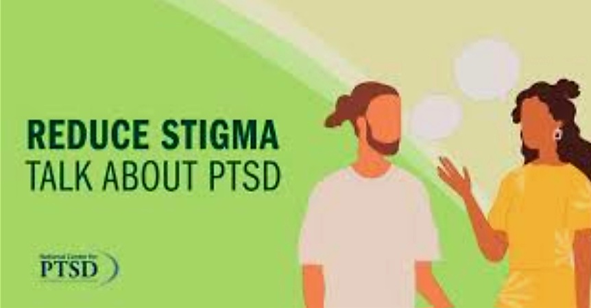 A green background with two animated people talking and the sign is Reduce Stigma Talk about PTSD living with PTSD after trauma on Journeyofsmiley blog 