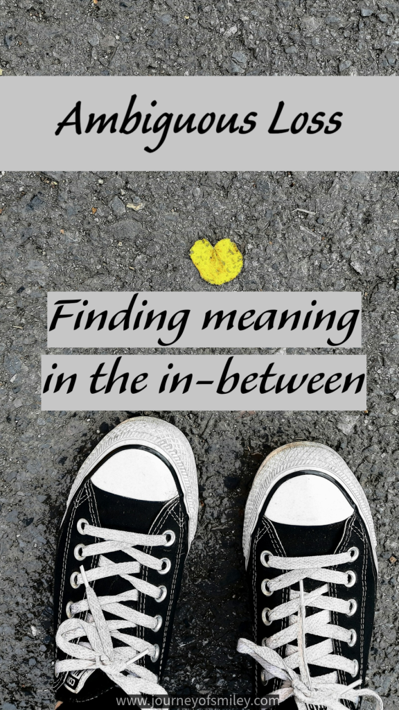 Two feet in white-and-black sneakers on the pavement and above them is the title Ambiguous Loss, finding meaning in the in-between on Journeyofsmiley.com 