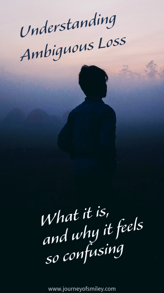 A person walking in the dark, sun rises, and on the top is the title Understanding Ambiguous Loss and below the person is written, What it is, and why it feels so confusing on Journeyofsmiley.com 