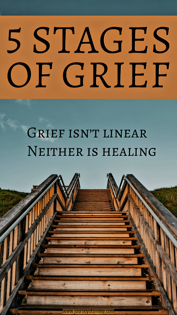 Stairs going up and blue-grey sky, with the title 5 Stages of Grief on Journeyofsmiley blog