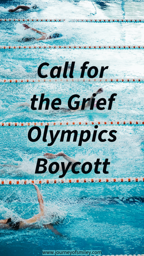 Swimmers swimming lanes, and the title is Call for the Grief Olympics Boycott on Journeyofsmiley blog
