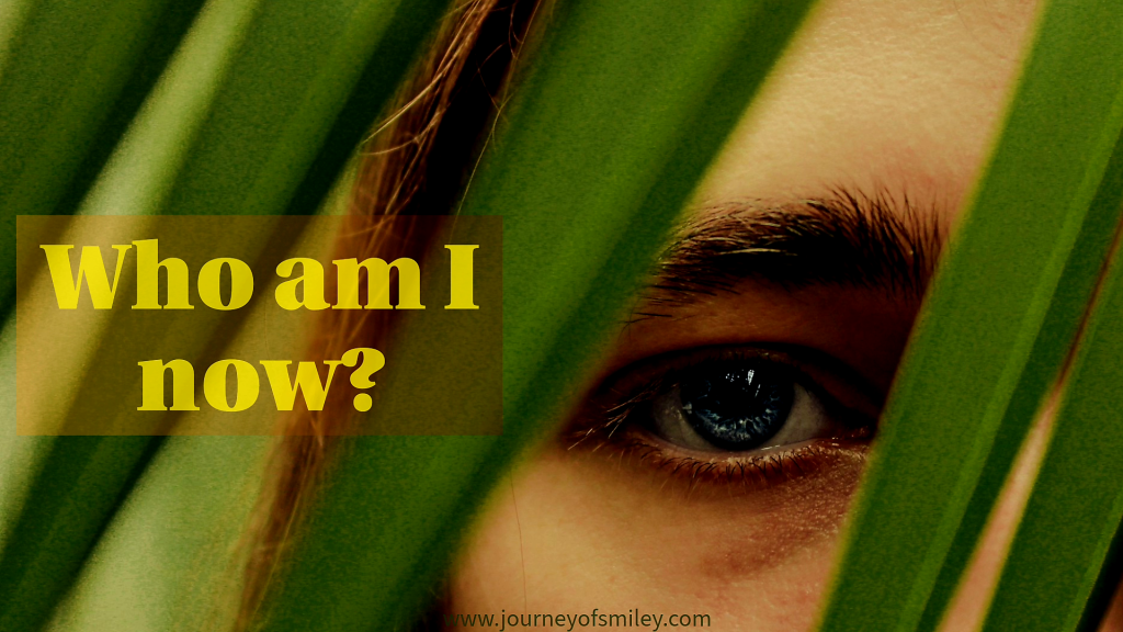 A lady behind green leaves, only her eye and a bit of face visible, and the title on the graphic is Who am I now, for Identity loss post on Journeyofsmiley blog