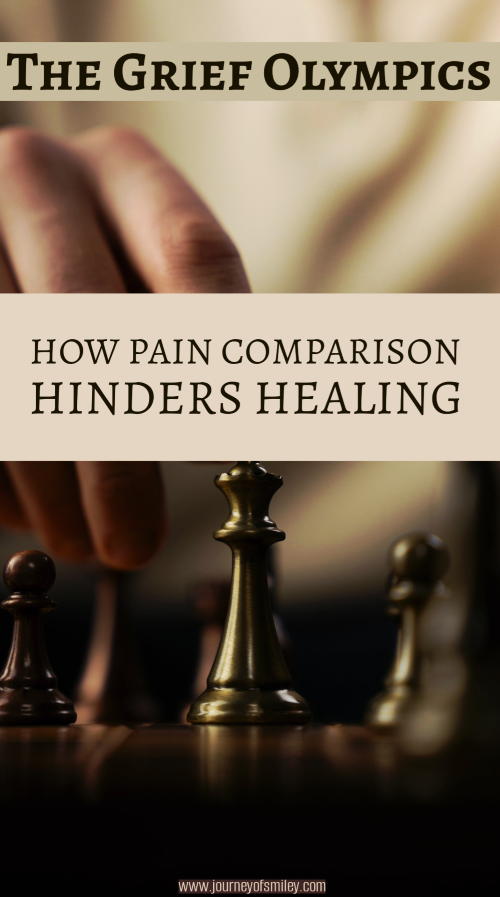 A finger touching the top of a chess figure and on the top is the title The Grief Olympics: How pain comparison hinders healing on Journeyofsmiley blog