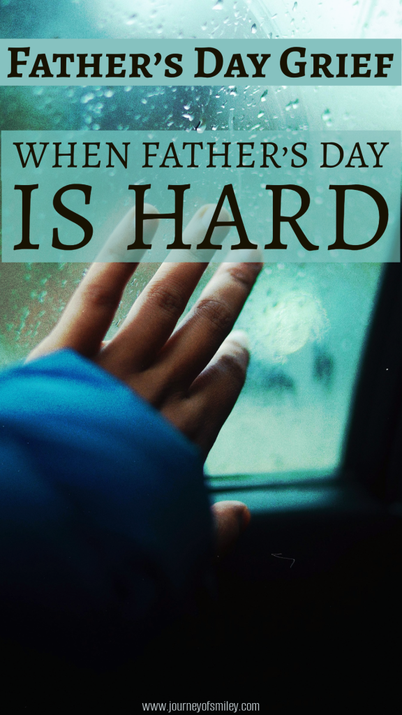 A child's hand on a rainy window, and the title is Father's Day Grief, when Father's Day is hard on Journeyofsmiley blog